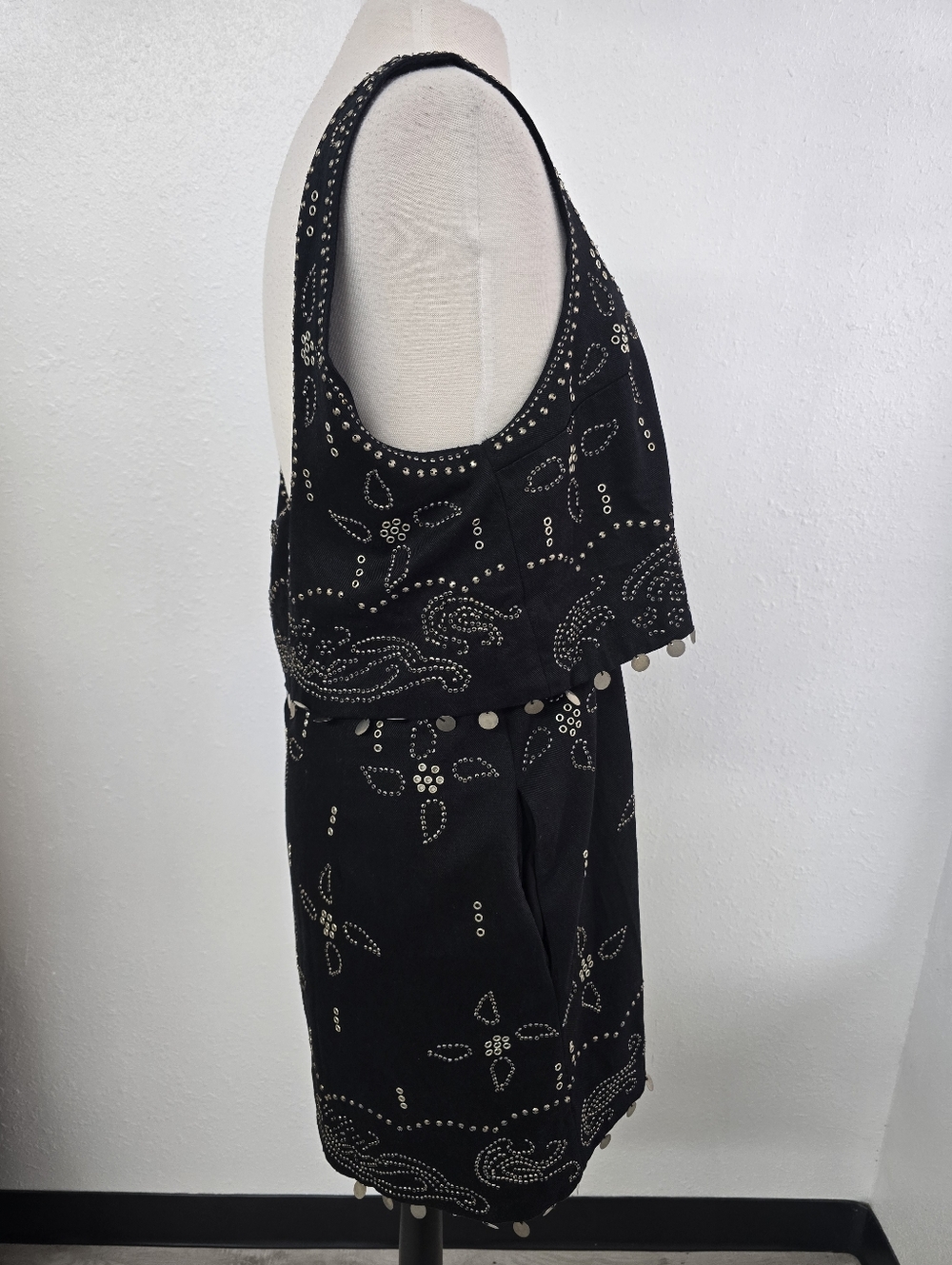 FREE PEOPLE Seven Wishes Black Cotton Pewter Riveted Mini Dress NWOT Womens Sz L - Picture 5 of 11